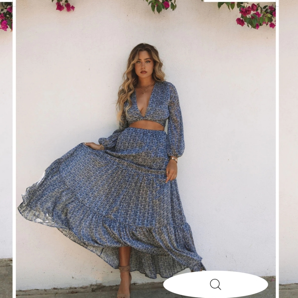 Vici Scenery Tiered Maxi skirt and cropped blouse Size Medium Navy